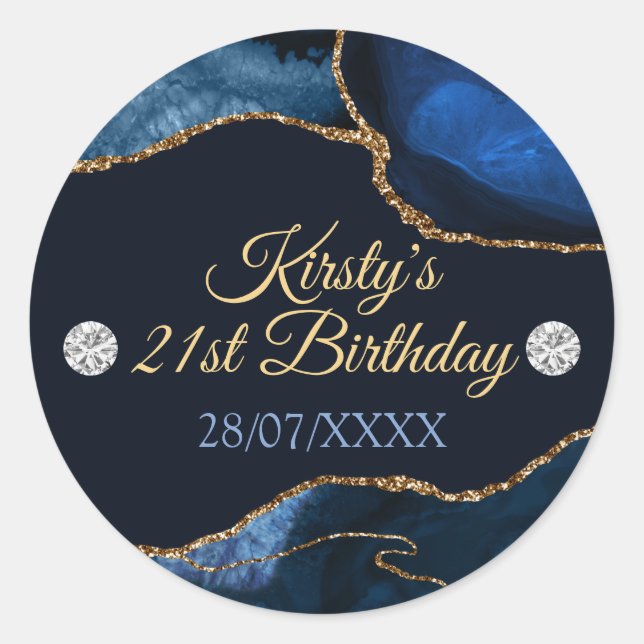 Navy Blue and Gold Glitter Agate Birthday Classic Round Sticker (Front)