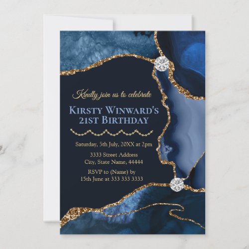 Navy Blue and Gold Glitter Agate Birthday Party Invitation