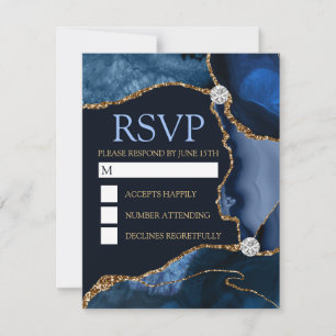 Navy Blue and Gold Glitter Agate Birthday Party RSVP Card