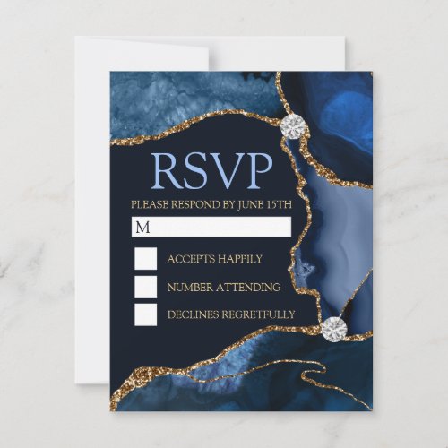 Navy Blue and Gold Glitter Agate Birthday Party RSVP Card