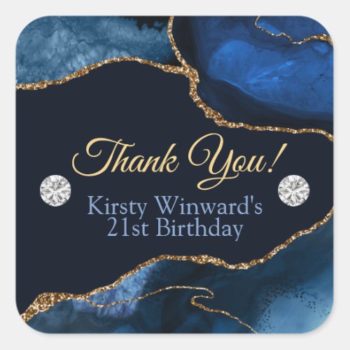 Navy Blue and Gold Glitter Agate Birthday Party Square Sticker