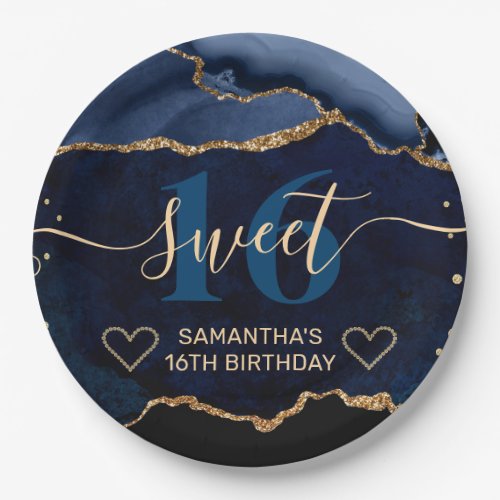 Navy Blue and Gold Glitter Agate Marble Sweet 16  Paper Plates