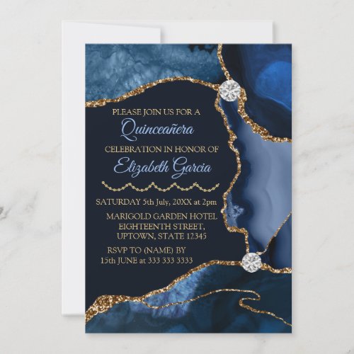 Navy Blue and Gold Glitter Agate Quinceanera Invitation