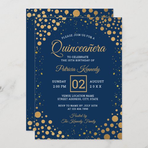 Navy Blue And Gold Glitter Confetti Quinceanera Invitation