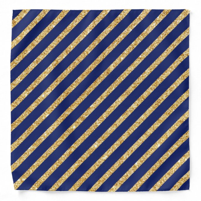 Navy Blue and Gold Glitter Diagonal Stripe Pattern Bandana (Front)