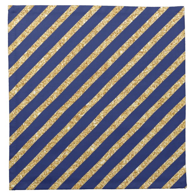 Navy Blue and Gold Glitter Diagonal Stripe Pattern Cloth Napkin (Front)