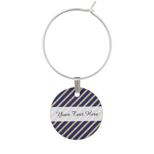 Navy Blue and Gold Glitter Diagonal Stripe Pattern Wine Glass Charm