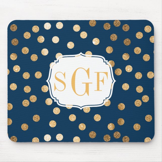 Navy Blue and Gold Glitter Dots Monogrammed Mouse Pad (Front)