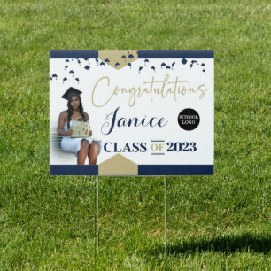 Navy Blue and Gold Glitter Graduation Yard Sign