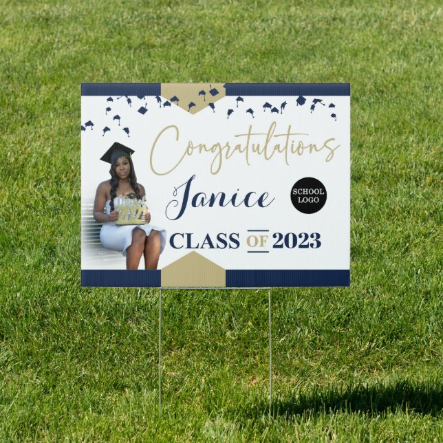 Navy Blue and Gold Glitter Graduation Yard Sign (Insitu)