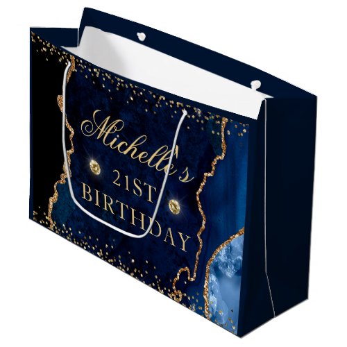 Navy Blue and Gold Glitter Marble Agate Birthday Large Gift Bag