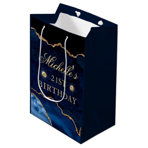 Navy Blue and Gold Glitter Marble Agate Birthday Medium Gift Bag