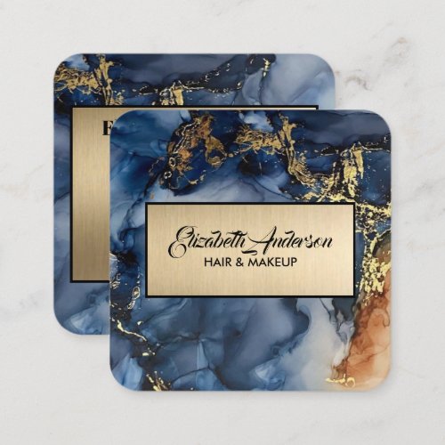 Navy Blue and Gold Glitter Marble Agate Modern Square Business Card