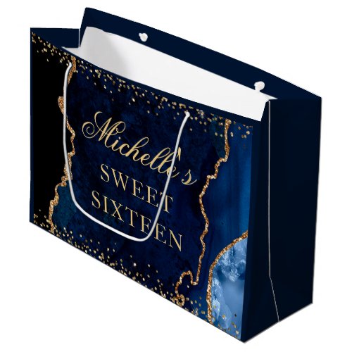 Navy Blue and Gold Glitter Marble Agate Sweet 16 Large Gift Bag