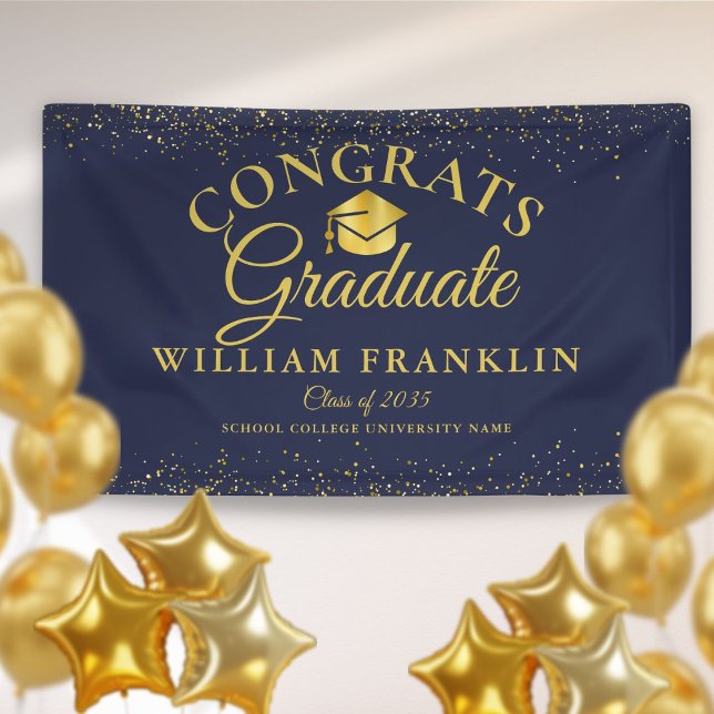 Navy Blue And Gold Glitter Modern Graduation Banner (Creator Uploaded)