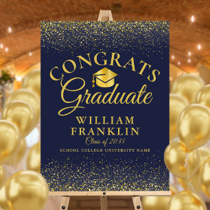 Navy Blue And Gold Glitter Modern Graduation Sign