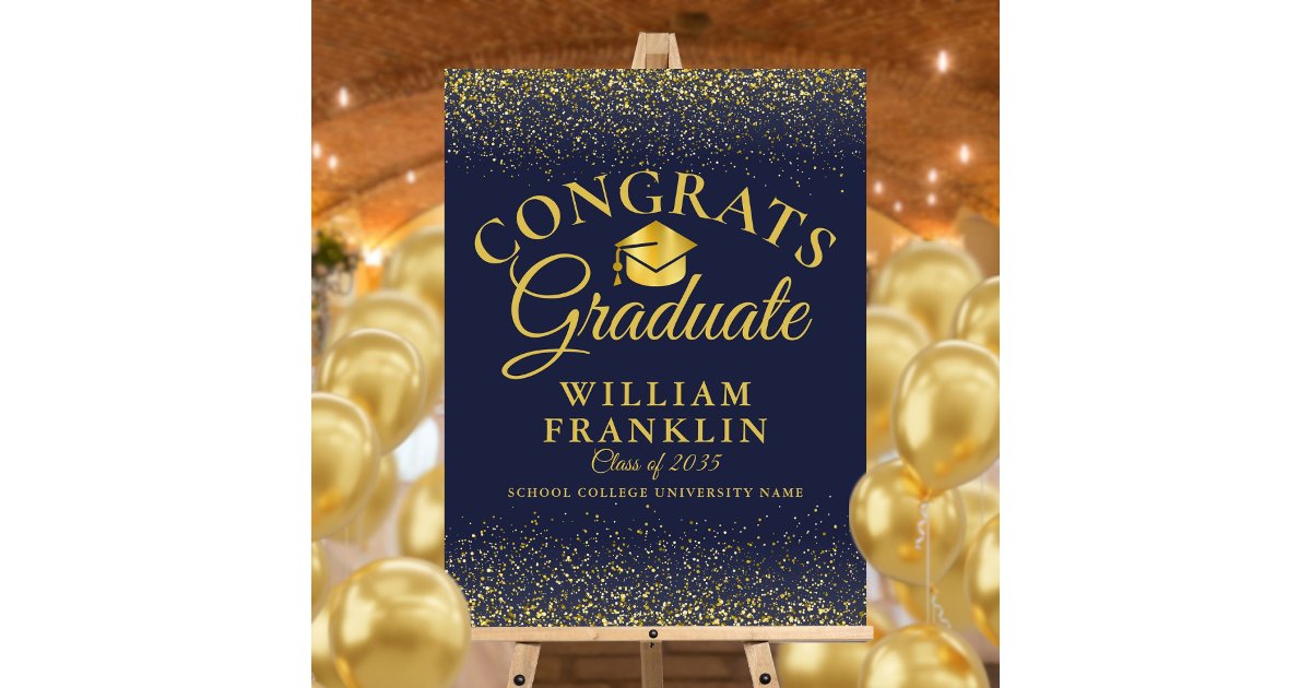 Navy Grad Sign Navy Blue And Gold Glitter Modern Graduation Sign | Zazzle