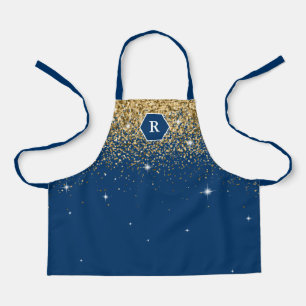 Navy Blue and Gold Glitter Modern Hexagon Monogram Apron