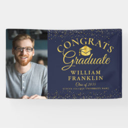 Navy Blue And Gold Glitter Modern Photo Graduation Banner | Zazzle