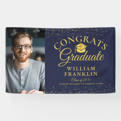 Navy Blue And Gold Glitter Modern Photo Graduation Banner | Zazzle