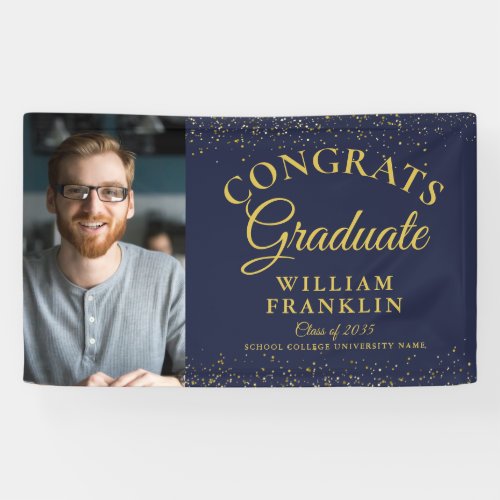 Navy Blue And Gold Glitter Photo Graduation Banner
