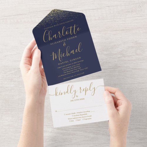 Navy Blue And Gold Glitter Script Wedding All In One Invitation