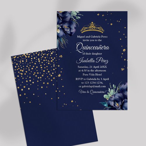  Navy Blue and Gold Glitter Tiara Quinceanera Invitation