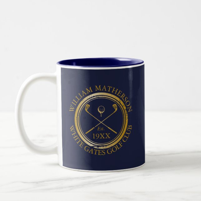 Navy Blue And Gold Golf Club Name Personalized Two-Tone Coffee Mug (Left)