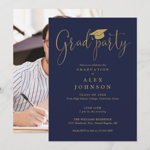 Navy Blue And Gold Grad Party Photo Graduation  Invitation