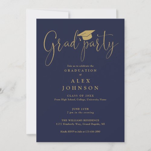 Navy Blue And Gold Grad Party Script Graduation  Invitation