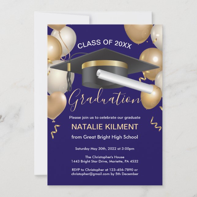 Navy Blue and Gold Graduate Cap Graduation Party Invitation (Front)