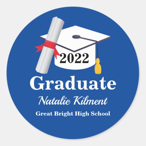 Navy Blue and Gold Graduation Cap Class of 2022 Classic Round Sticker