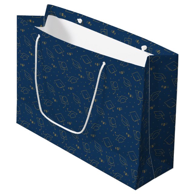 Navy Blue and Gold Graduation Cap Toss Large Gift Bag (Front Angled)