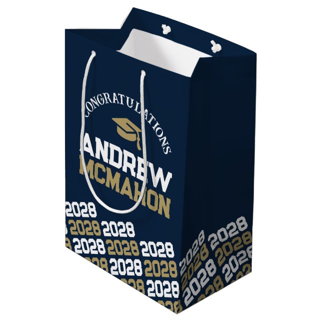 Navy Blue and Gold Graduation Class Year Medium Gift Bag (Back Angled)