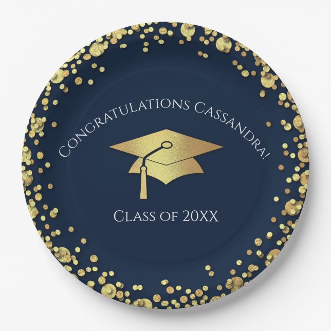Navy Blue and Gold Graduation Paper Plates (Front)