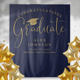 Navy Blue And Gold Graduation Party Photo Backdrop