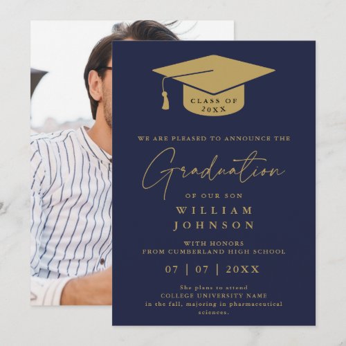Navy Blue And Gold Graduation Photo Announcement