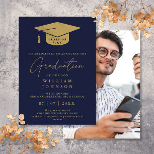 Navy Blue And Gold Graduation Photo Announcement
