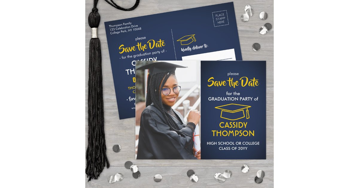 Navy Blue and Gold Graduation Photo Save the Date Postcard | Zazzle