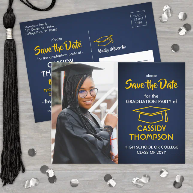 Navy Blue and Gold Graduation Photo Save the Date Postcard | Zazzle