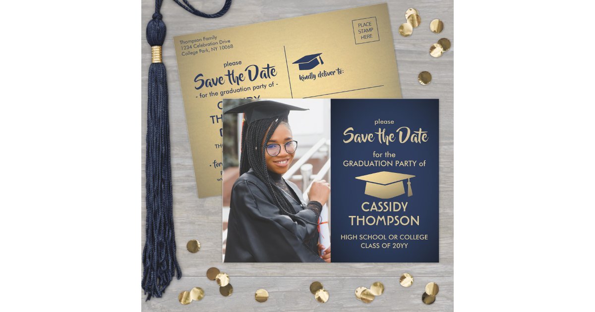 Navy Blue and Gold Graduation Photo Save the Date Postcard | Zazzle