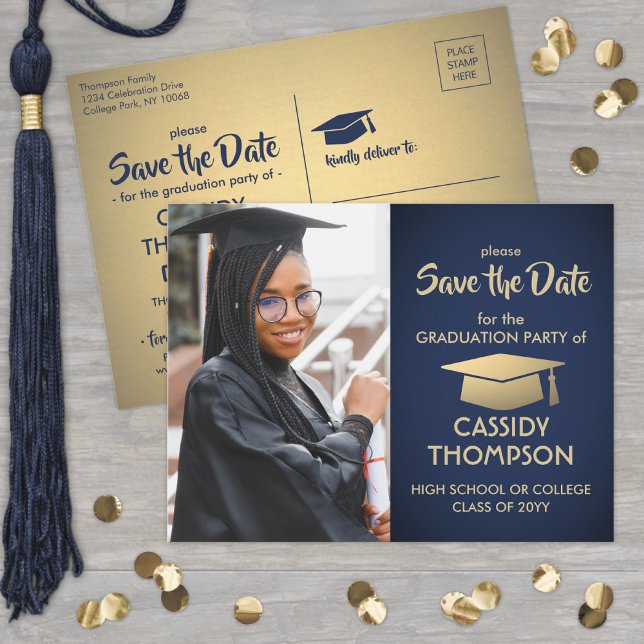 Navy Blue and Gold Graduation Photo Save the Date Postcard (Creator Uploaded)