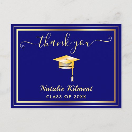 Navy Blue and Gold Graduation Thank You Postcard
