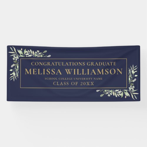 Navy Blue And Gold Greenery Floral Graduation Banner