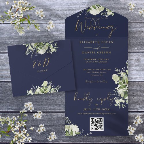 Navy Blue And Gold Greenery Floral QR Code Wedding All In One Invitation