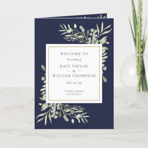 Navy Blue And Gold Greenery Foliage Wedding Program