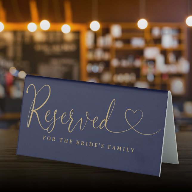 Navy Blue And Gold Heart Script Wedding Reserved Table Tent (Navy Blue And Gold Heart Script Wedding Reserved Table Tent Sign)