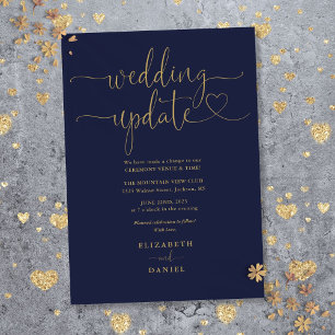 Navy Blue And Gold Heart Script Wedding Update Invitation