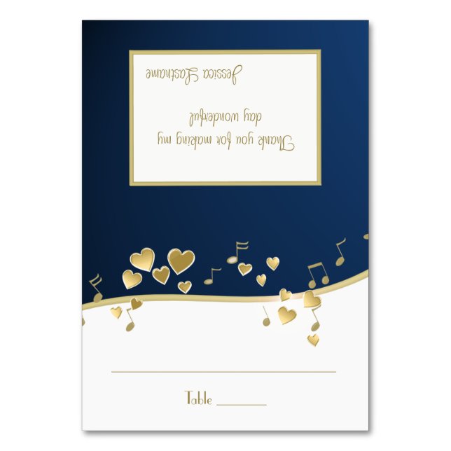 Navy Blue and Gold Hearts Music Seating Card (Front)