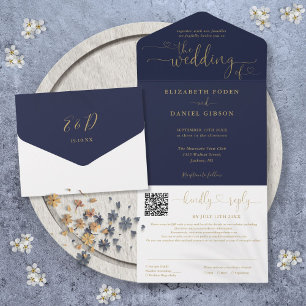 Navy Blue And Gold Hearts Script QR Code Wedding All In One Invitation